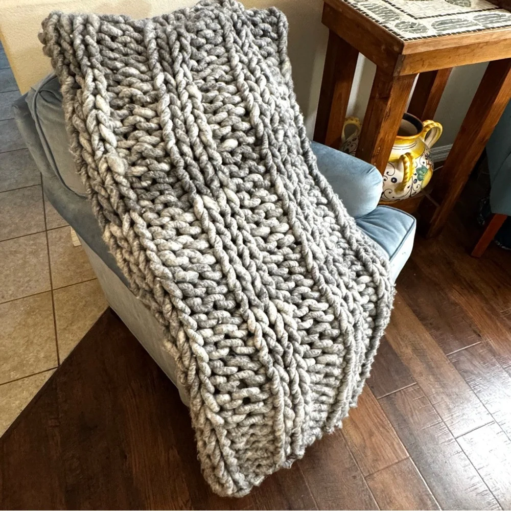 Hand knit, Merino wool, shades of grey, large chunky knit throw